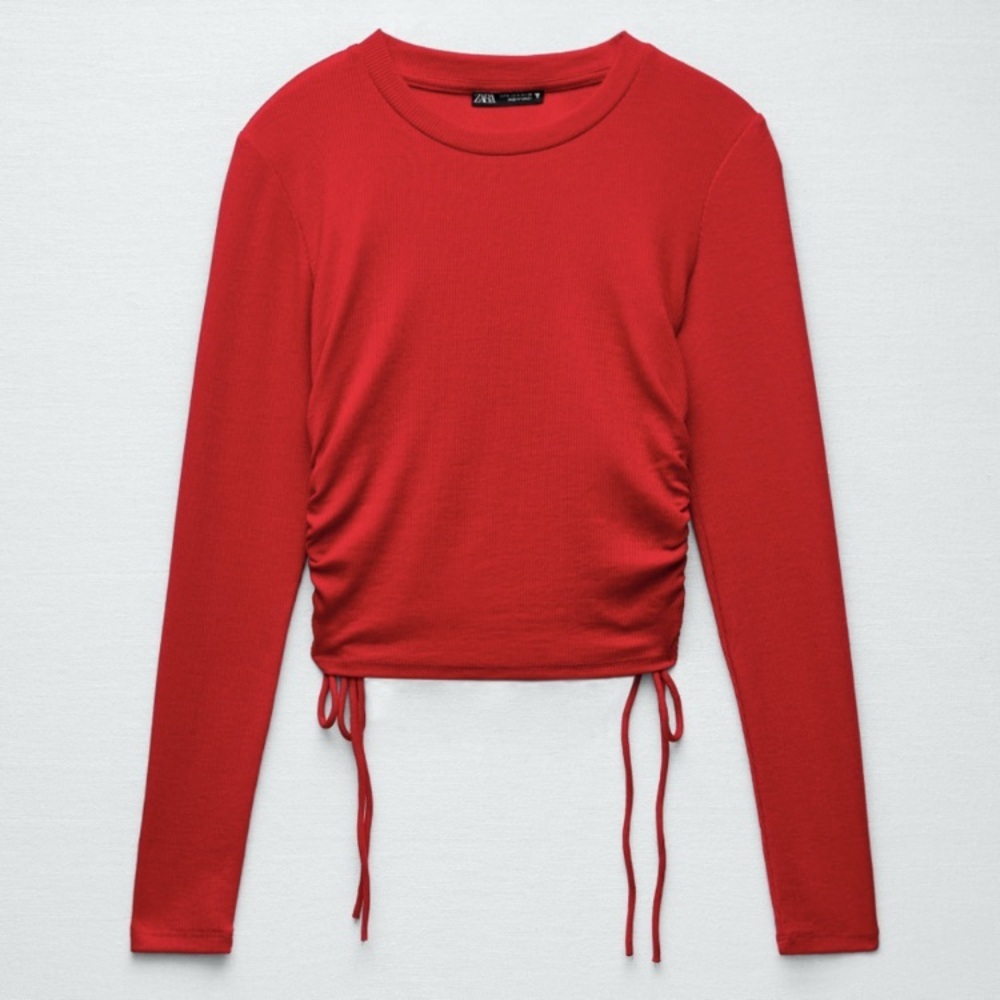 ZARA RED RUCHED RIBBED TOP - Picture 4 of 13